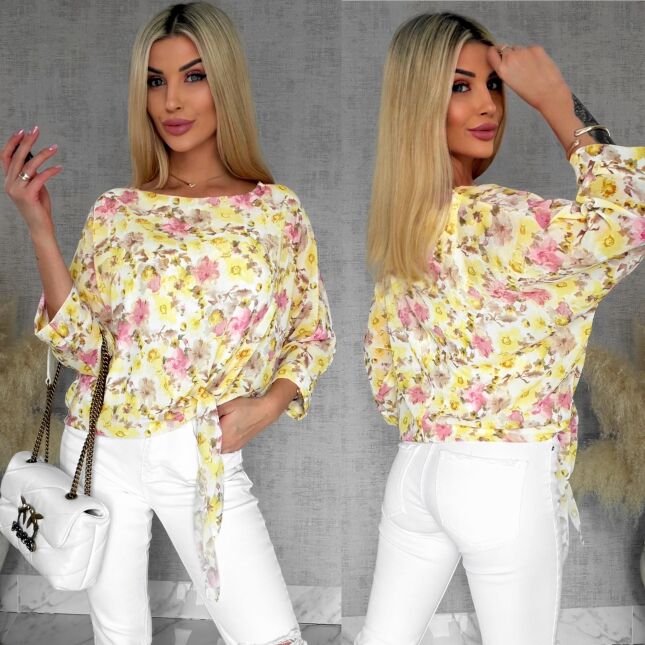 Wiosenna bluzka w żółte kwiaty z wiązaniem ONE SIZE - R837