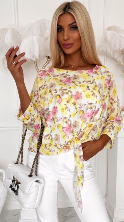 Wiosenna bluzka w żółte kwiaty z wiązaniem ONE SIZE - R837