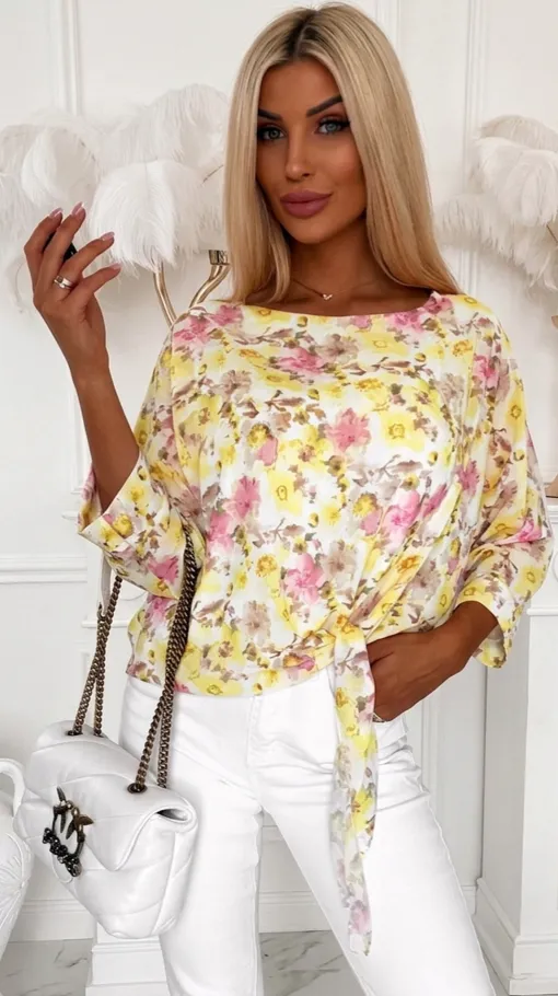 Wiosenna bluzka w żółte kwiaty z wiązaniem ONE SIZE - R837