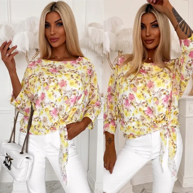 Wiosenna bluzka w żółte kwiaty z wiązaniem ONE SIZE - R837
