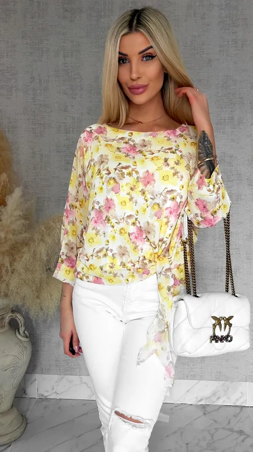 Wiosenna bluzka w żółte kwiaty z wiązaniem ONE SIZE - R837