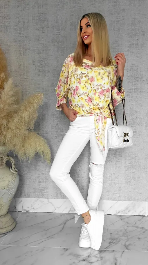 Wiosenna bluzka w żółte kwiaty z wiązaniem ONE SIZE - R837