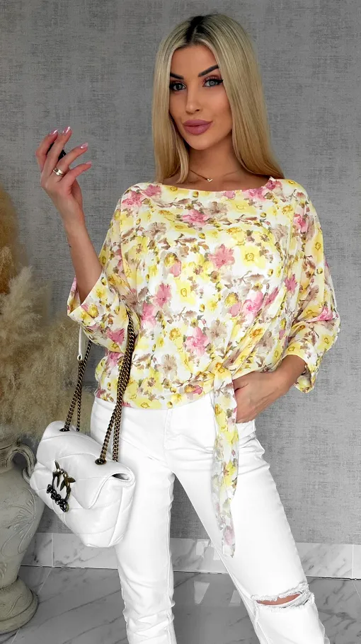 Wiosenna bluzka w żółte kwiaty z wiązaniem ONE SIZE - R837