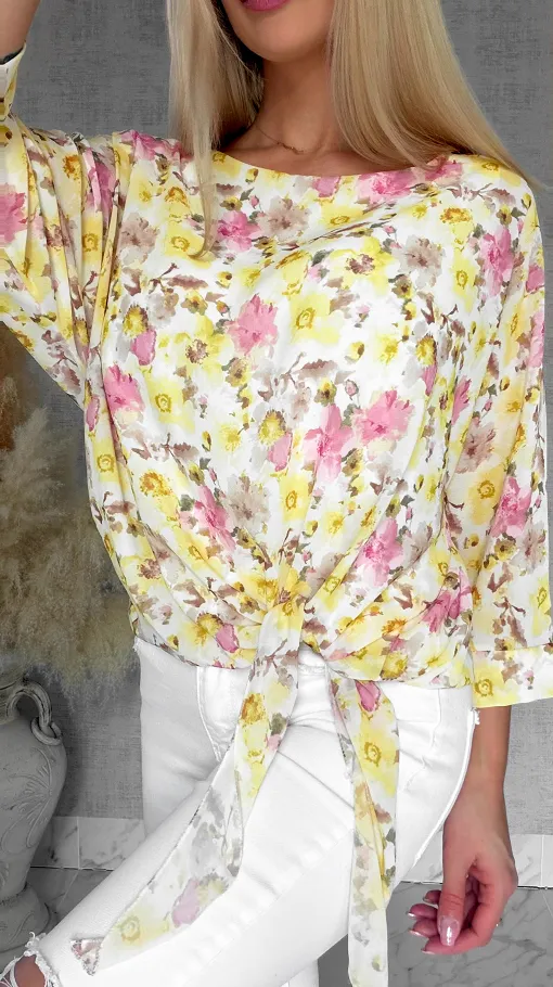 Wiosenna bluzka w żółte kwiaty z wiązaniem ONE SIZE - R837