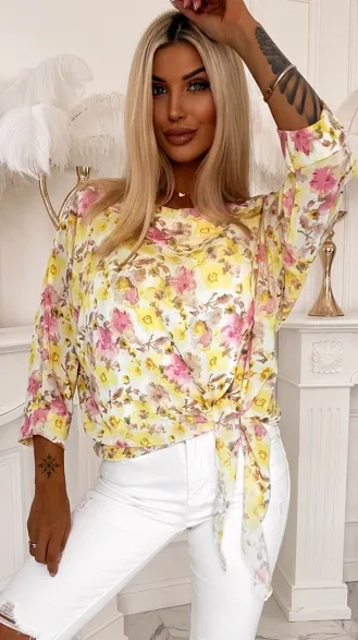 Wiosenna bluzka w żółte kwiaty z wiązaniem ONE SIZE - R837