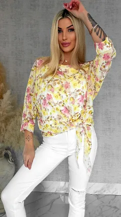 Wiosenna bluzka w żółte kwiaty z wiązaniem ONE SIZE - R837