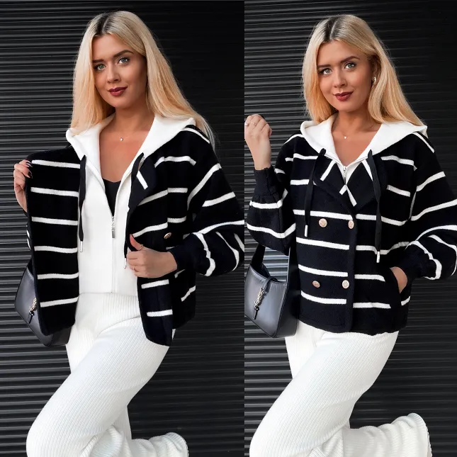 Czarny sweter w paski z kapturem w stylu alpaki ONE SIZE - R334