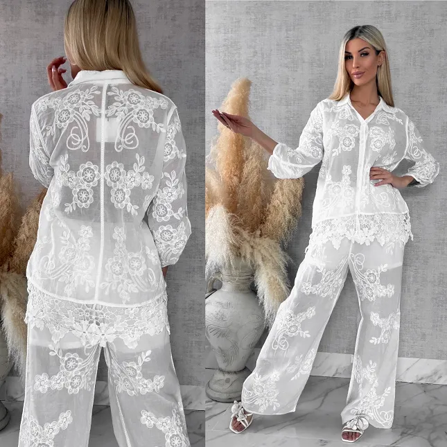 Piękny wiosenny BOHO komplet z bawełny koszula + spodnie ONE SIZE white - R647