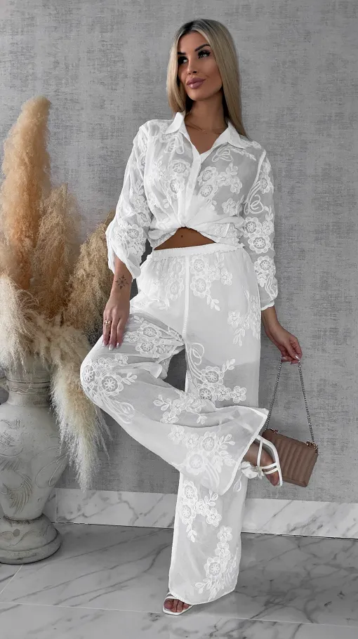 Piękny wiosenny BOHO komplet z bawełny koszula + spodnie ONE SIZE white - R647