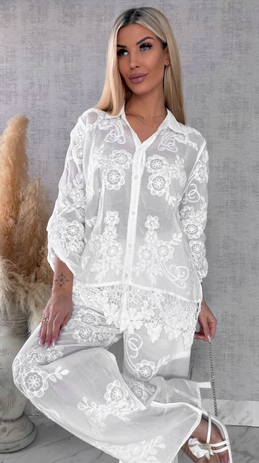Piękny wiosenny BOHO komplet z bawełny koszula + spodnie ONE SIZE white - R647
