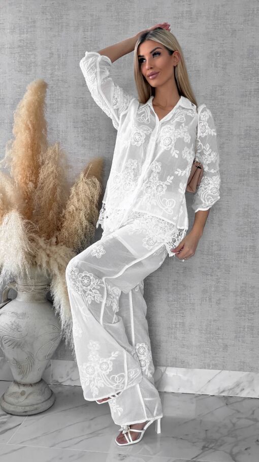 Piękny wiosenny BOHO komplet z bawełny koszula + spodnie ONE SIZE white - R647