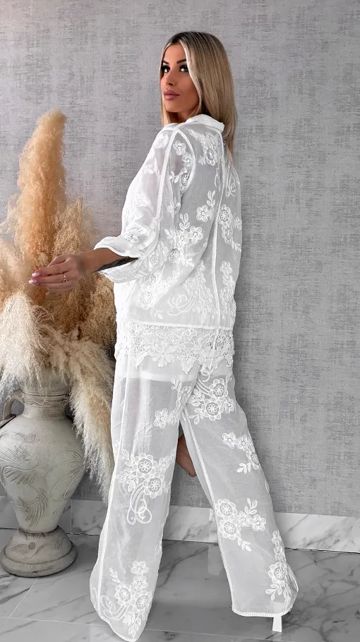 Piękny wiosenny BOHO komplet z bawełny koszula + spodnie ONE SIZE white - R647