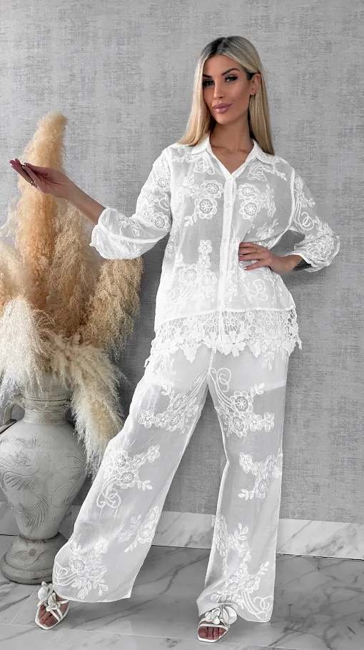Piękny wiosenny BOHO komplet z bawełny koszula + spodnie ONE SIZE white - R647