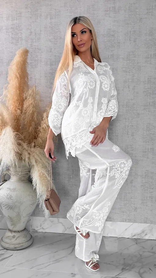 Piękny wiosenny BOHO komplet z bawełny koszula + spodnie ONE SIZE white - R647