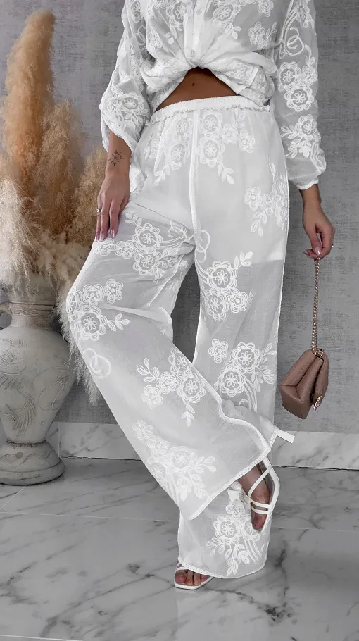 Piękny wiosenny BOHO komplet z bawełny koszula + spodnie ONE SIZE white - R647