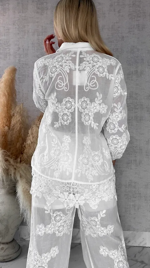 Piękny wiosenny BOHO komplet z bawełny koszula + spodnie ONE SIZE white - R647