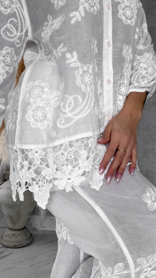 Piękny wiosenny BOHO komplet z bawełny koszula + spodnie ONE SIZE white - R647