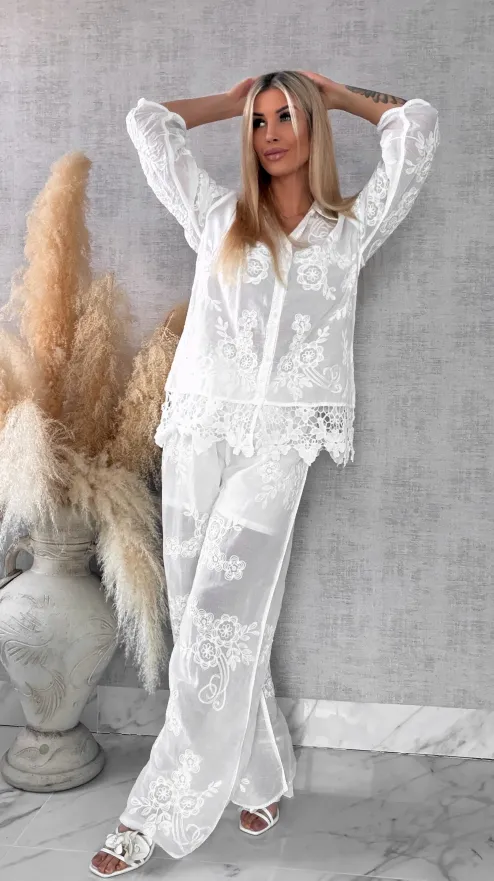 Piękny wiosenny BOHO komplet z bawełny koszula + spodnie ONE SIZE white - R647
