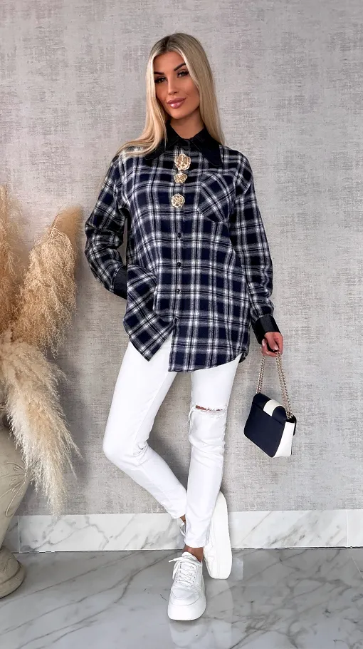 Granatowa bawełniana koszula w kratę ze złotymi kwiatami ONE SIZE - R617