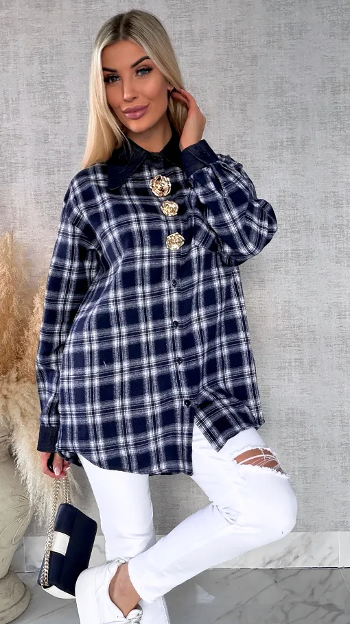 Granatowa bawełniana koszula w kratę ze złotymi kwiatami ONE SIZE - R617