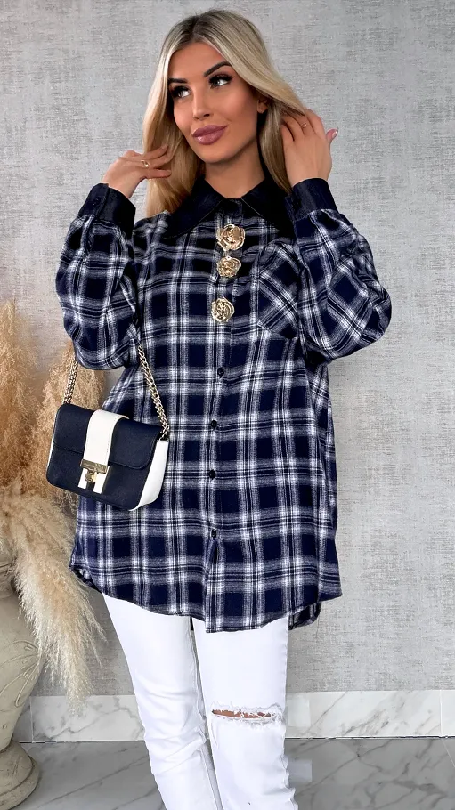 Granatowa bawełniana koszula w kratę ze złotymi kwiatami ONE SIZE - R617