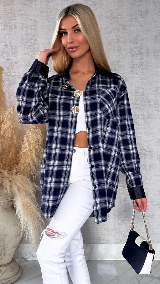 Granatowa bawełniana koszula w kratę ze złotymi kwiatami ONE SIZE - R617