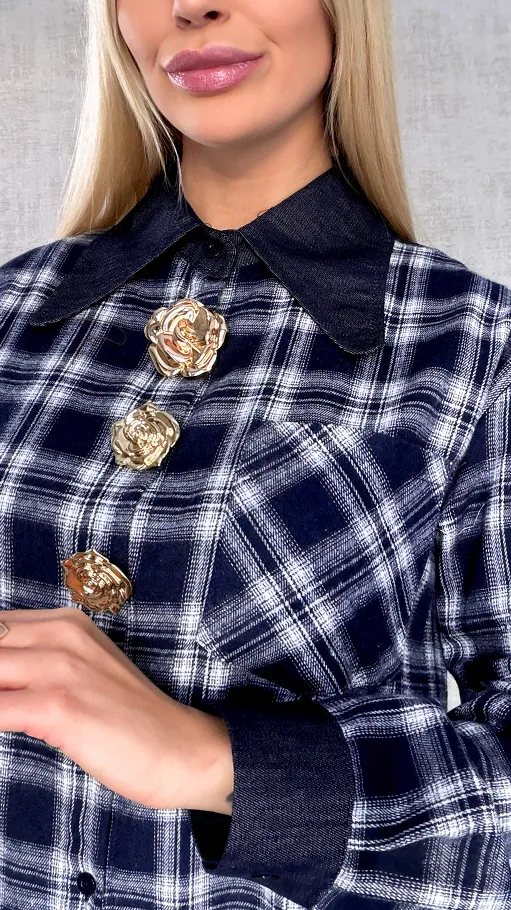 Granatowa bawełniana koszula w kratę ze złotymi kwiatami ONE SIZE - R617