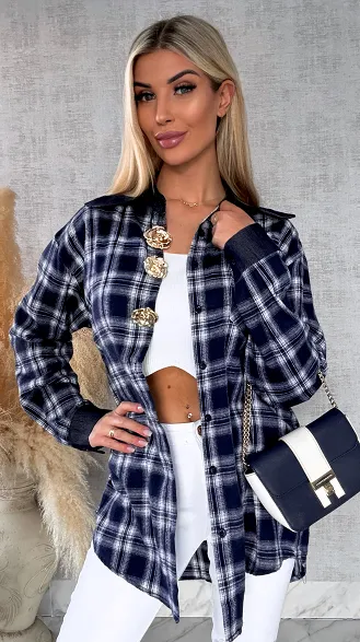 Granatowa bawełniana koszula w kratę ze złotymi kwiatami ONE SIZE - R617