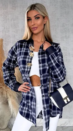 Granatowa bawełniana koszula w kratę ze złotymi kwiatami ONE SIZE - R617
