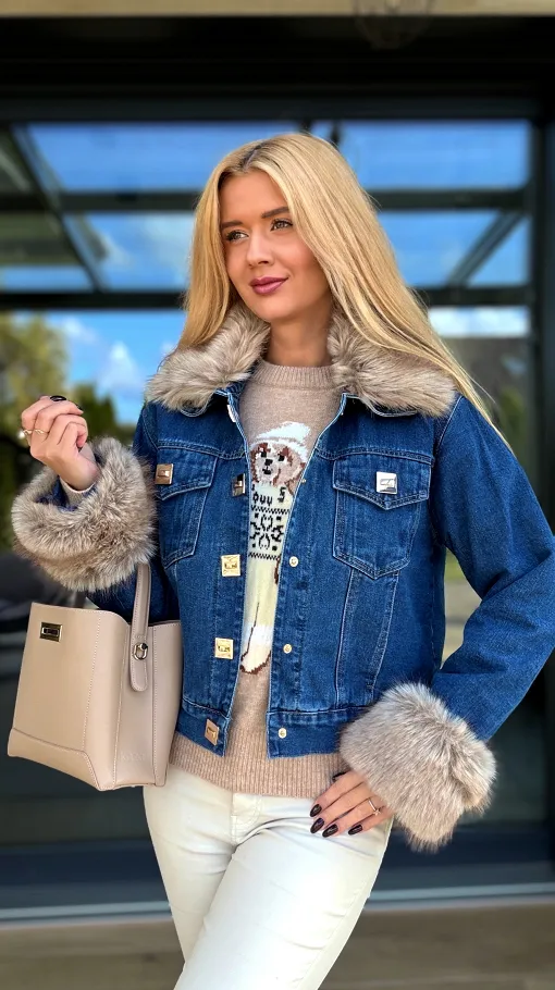 Mięciutka kurtka jeansowa ocieplana futerkiem BLUE JEANS - R227