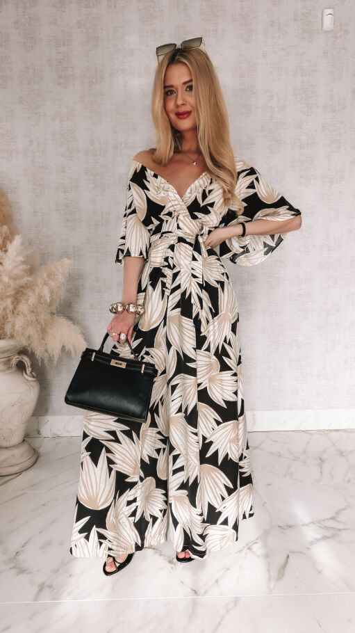 Wygodny letni kombinezon OVERSIZE w kwiatowym wzorze BLACK - R972A