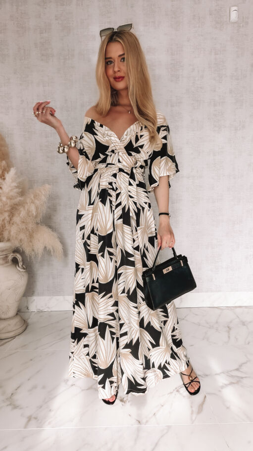 Wygodny letni kombinezon OVERSIZE w kwiatowym wzorze BLACK - R972A