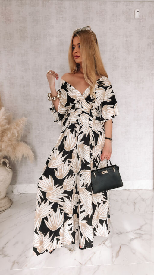 Wygodny letni kombinezon OVERSIZE w kwiatowym wzorze BLACK - R972A