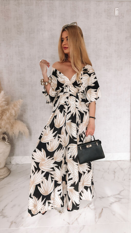 Wygodny letni kombinezon OVERSIZE w kwiatowym wzorze BLACK - R972A