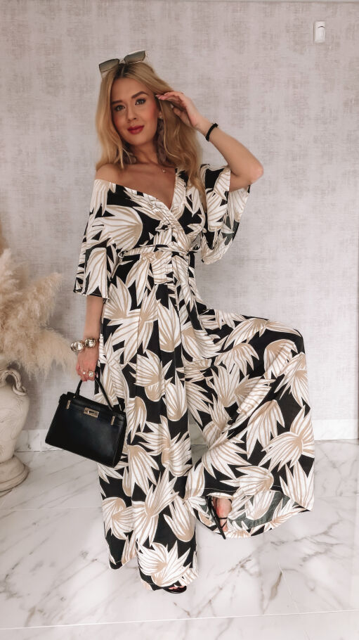Wygodny letni kombinezon OVERSIZE w kwiatowym wzorze BLACK - R972A