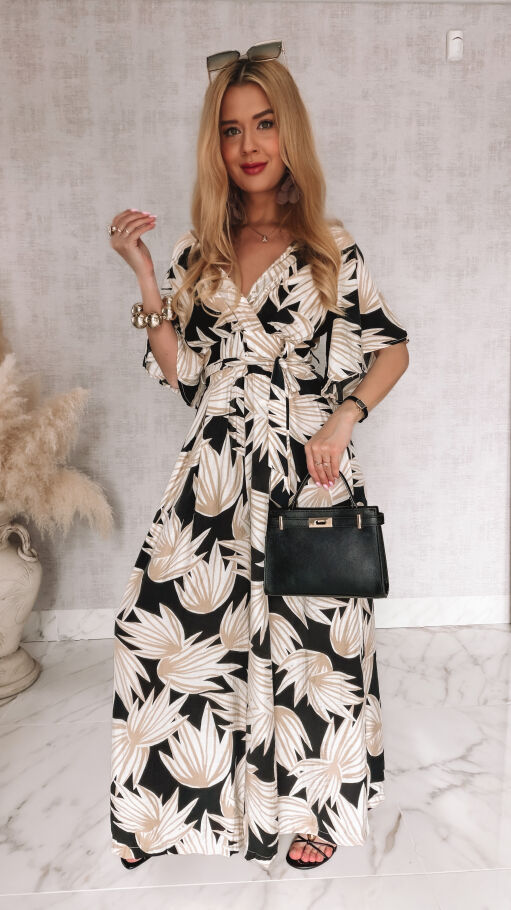 Wygodny letni kombinezon OVERSIZE w kwiatowym wzorze BLACK - R972A