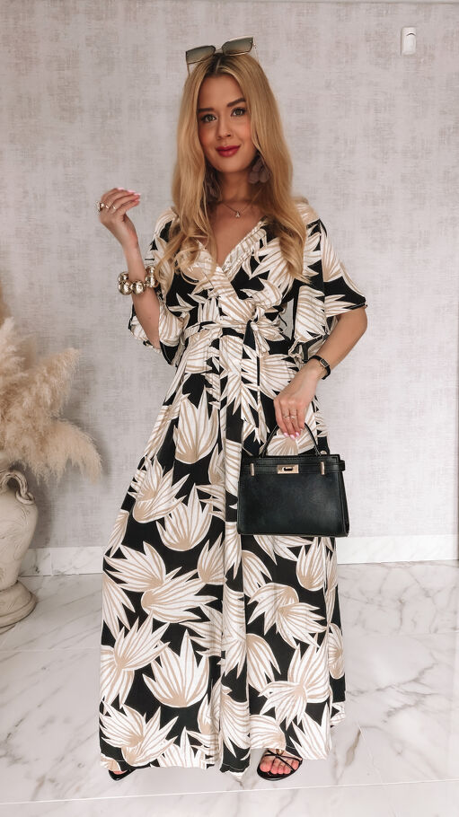 Wygodny letni kombinezon OVERSIZE w kwiatowym wzorze BLACK - R972A