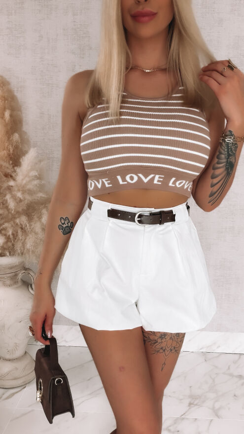 Modne bawełniane spodenki z gumką w pasie i paskiem WHITE - R783