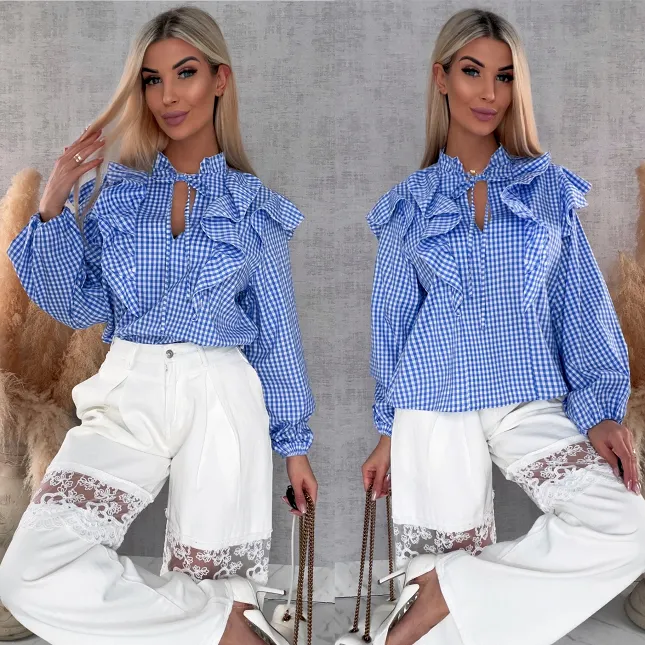 Modna niebieska bluzka w kratkę VICHY one size - R440A