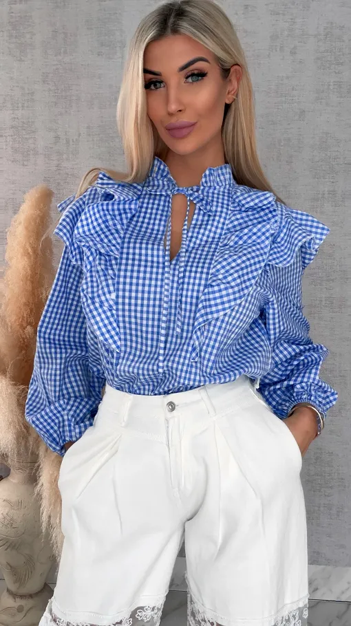 Modna niebieska bluzka w kratkę VICHY one size - R440A