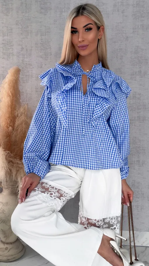 Modna niebieska bluzka w kratkę VICHY one size - R440A