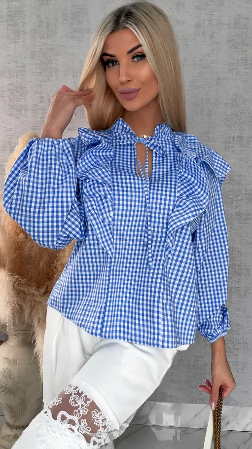 Modna niebieska bluzka w kratkę VICHY one size - R440A