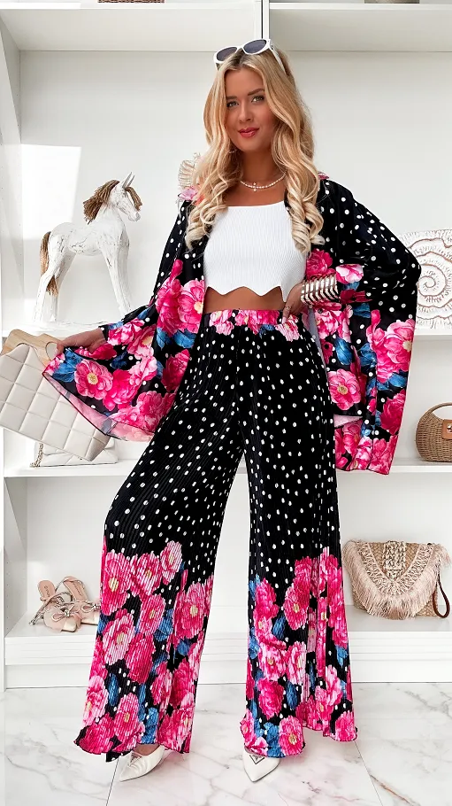 Oryginalny czarny komplet w grochy i różowe kwiaty ONE SIZE - P848B