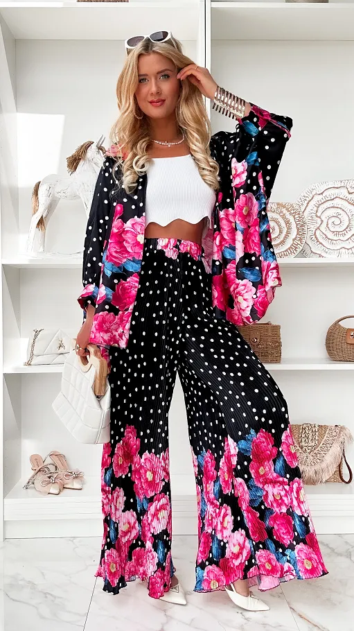 Oryginalny czarny komplet w grochy i różowe kwiaty ONE SIZE - P848B