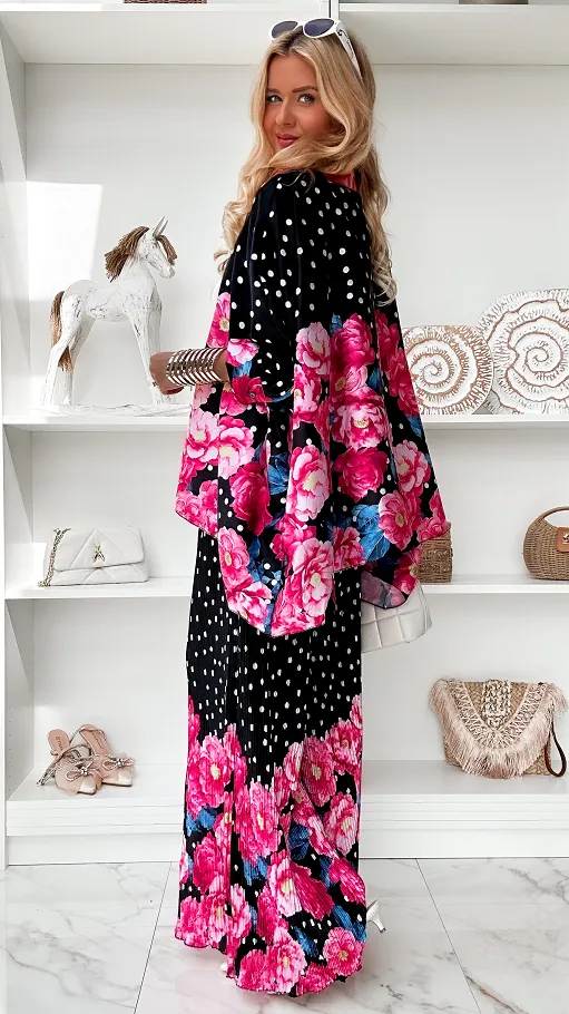 Oryginalny czarny komplet w grochy i różowe kwiaty ONE SIZE - P848B