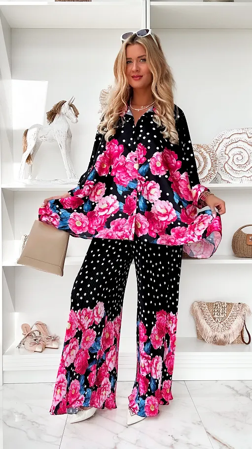 Oryginalny czarny komplet w grochy i różowe kwiaty ONE SIZE - P848B