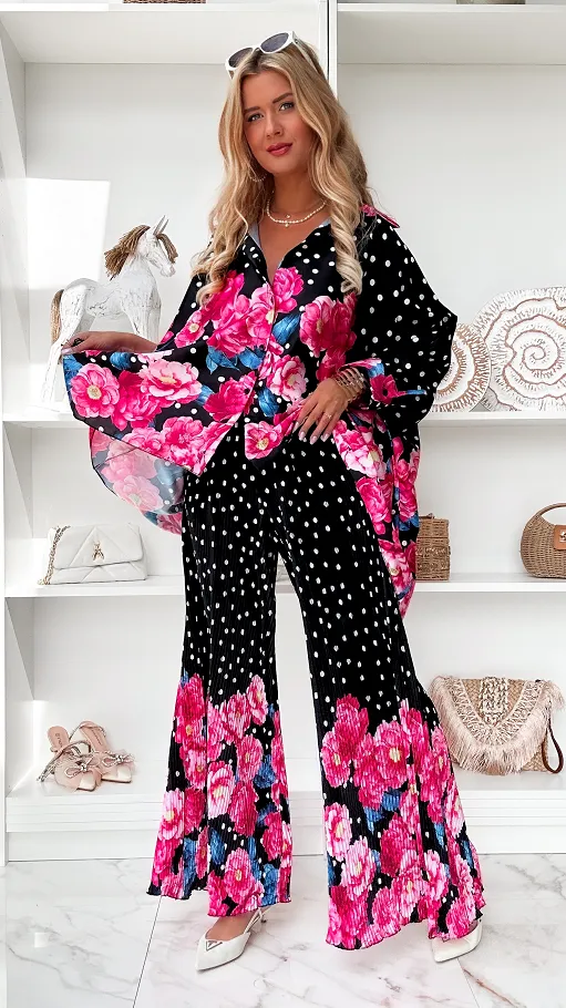 Oryginalny czarny komplet w grochy i różowe kwiaty ONE SIZE - P848B
