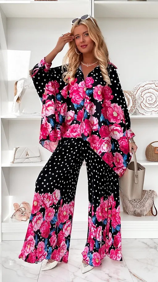 Oryginalny czarny komplet w grochy i różowe kwiaty ONE SIZE - P848B