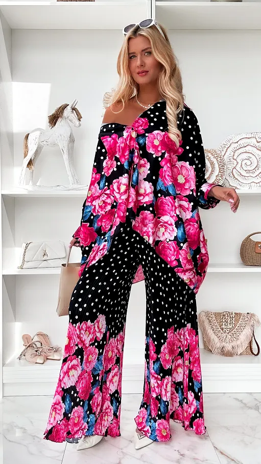 Oryginalny czarny komplet w grochy i różowe kwiaty ONE SIZE - P848B