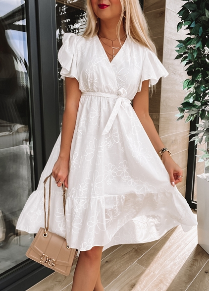 Biała sukienka HAFTOWANE KWIATY - K333